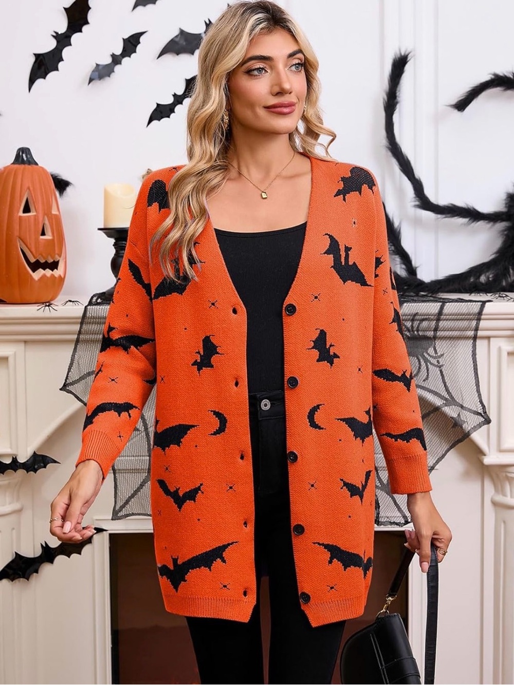 Halloween goth M bats spooky cardigan orange knit